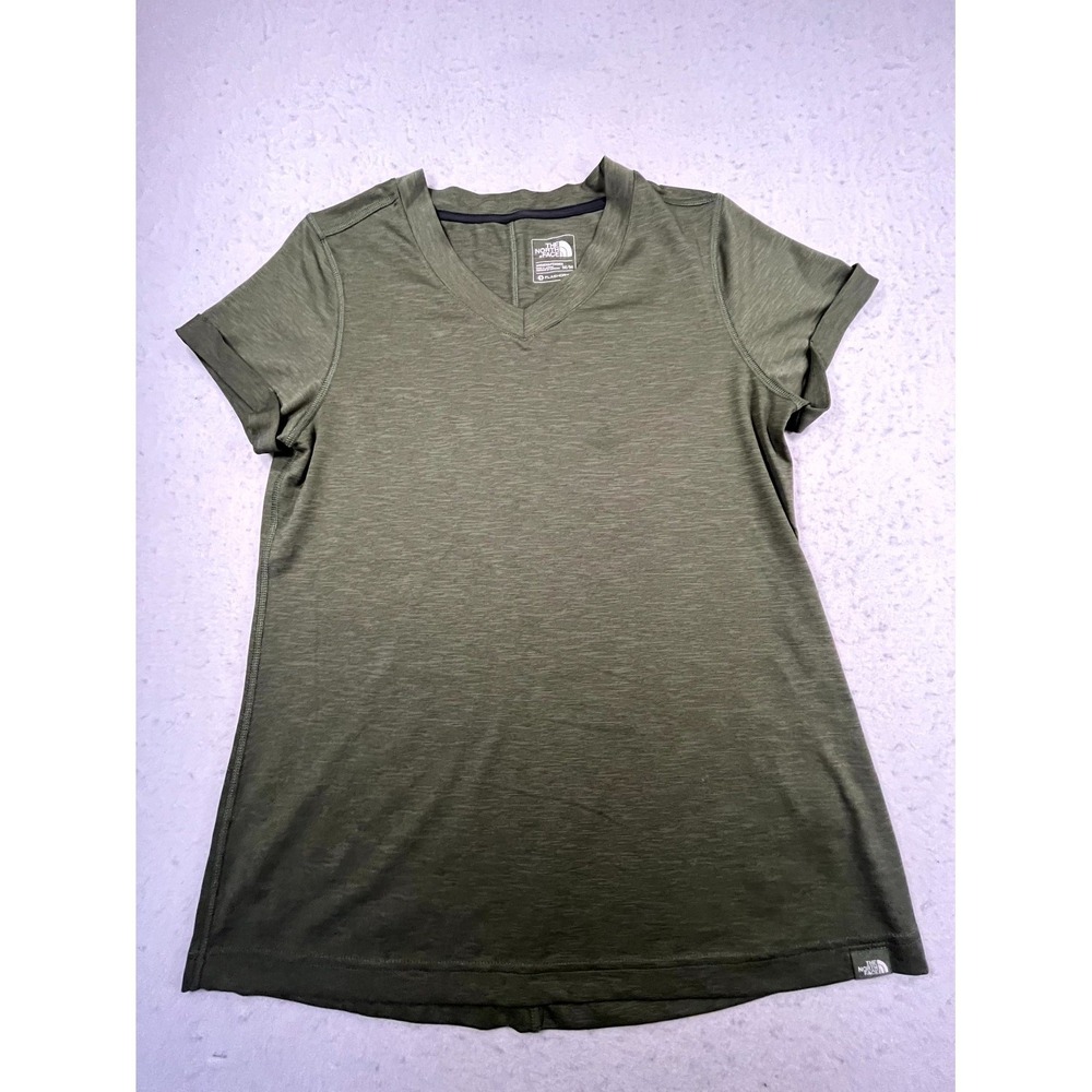 The North Face FlashDry T Shirt Womens Medium Olive Green Logo V Neck‎ Athletic